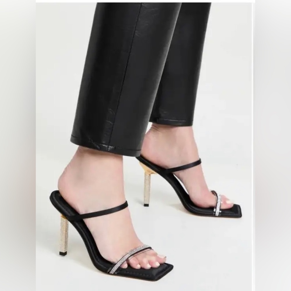 Good American Open Square Toe Rhinestone Strappy Heels Black Satin Size 7.5 NIB